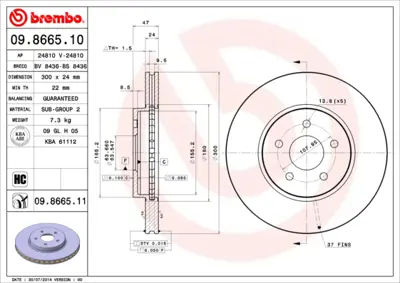 BREMBO 09.8665.10 On Fren Aynası Havalı Mondeo Iıı 2.0 16v Dı / Tddı 1.8 16v 2.0 16v Dı 2.5 V6 24v 11 / 00> 7S7JJ1125BB C2S52091