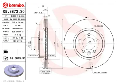 BREMBO 09.8873.30 Fren Dıskı On Dıscovery 3 05-09 Dıscovery 4 10-16 2.7 V6 Dızel Range Rover Sport 4.4 V8 Petrol 317mm SDB500120