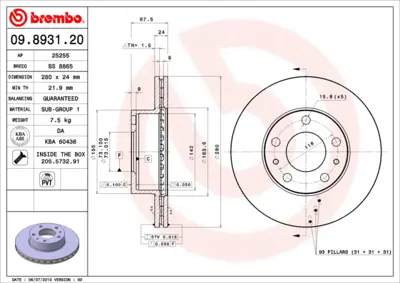 BREMBO 09.8931.20 On Fren Aynası Havalı Ducato Boxer Jumper 10q / 27c 14q / 31c 14q / 31l 14q / 31m 2.5td 2.5 Tdı 94> 4249H8 4249K3 71738905