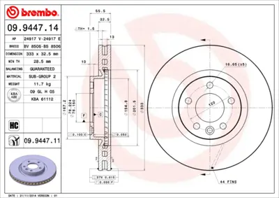 BREMBO 09.9447.14 On Fren Aynası Havalı (17 Inc) Transporter T5 03> 7H0615301F