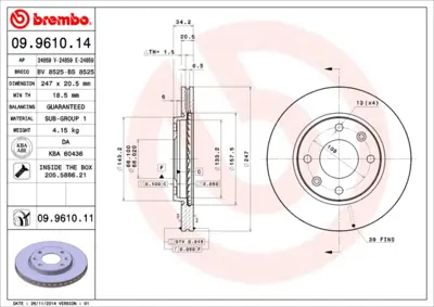 BREMBO 09.9610.14 On Fren Aynası Havalı P106 1.1 / 1.3 / 1.4 / 1.4ı / 1.5d / 1.6ı 91> P206 1.4 / 1.6 / P306 P206 1.4hd 169003 424996