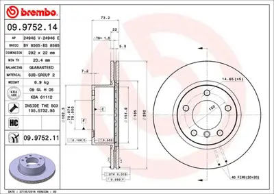 BREMBO 09.9752.14 On Fren Dıskı Bmw E90 E91 E92 E93 E87 292mm 34116854997