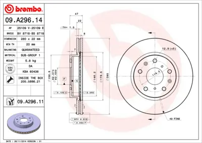 BREMBO 09.A296.14 Fren Aynası On Havalı Sedıcı 1.6 16v / 1.9d Multıjet 06 5531180J03 71768306