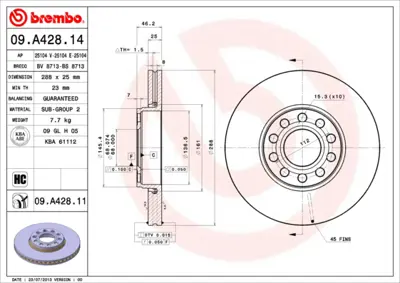 BREMBO 09.A428.14 On Fren Aynası Passat 96>05 A4 A6 1.8 20v 1.9tdı 97> 4B0615301B JZW615301B