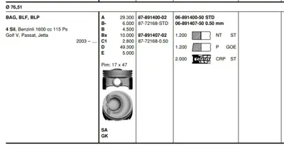 GOETZE 87-72168-STD Piston Segman Vag 76,5mm Std Bag-Blf-Blp 1.6fsı 