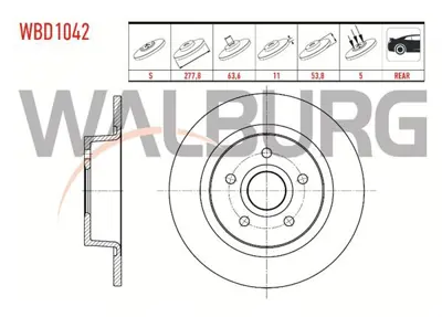 WALBURG WBD1042 Fren Dıskı Arka Duz 5 Bjn 277.8x11x63.7x53.8 Ford Transıt Connect 1.8 Tdcı 2002-2013 / Ford Tourneo 