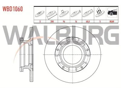 WALBURG WBD1060 Fren Dıskı Arka Duz 5 Bjn 288x16x96x68.8 Ford Transıt Custom (V362) 2.2 Tdcı Abslı 2012-/ Transıt (V 