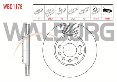 WALBURG WBD1178 Fren Dıskı On Havalı 5 Bjn 279.8x25x70x42 Opel Astra H 1.4i -1.6i - 1.3 Cdtı - 2004-2010/ Astra G 1. 