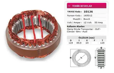 YAVUZ 10 126 Stator Bosch Tıp 12v 55a Genıs Govde T Porter Golf Cıtroen Bmv Audı Nursan 165012 GM 