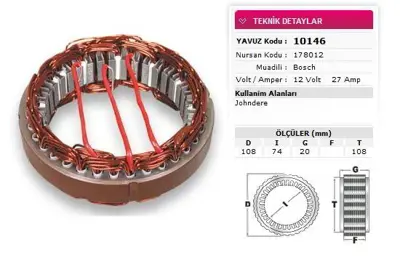 YAVUZ 10 146 Stator Bosch Tıp 12v 27a Johndere Nursan 178012 GM 