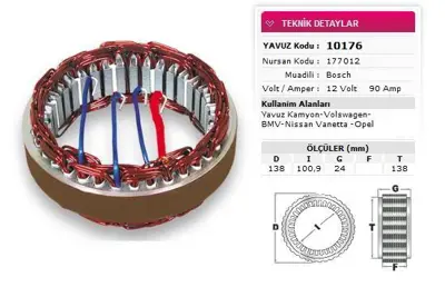 YAVUZ 10 176 Stator Bosch Tıp 12v 90a Yavuz Kamyon Volswagen Bmv Nıssan Vanetta Opel Nursan 177012 GM 