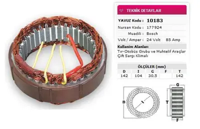 YAVUZ 10 183 Stator Bosch Tıp 24v 85a Tır Otobus Grubu Muhtelıf Araclar Cıft Sargı Klimalı Nursan 177924 GM 