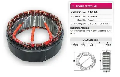 YAVUZ 10 198 Stator Bosch Tıp 24v 140a V8 Mercedes 403 304 Otobus Ym Man Nursan 177424 GM 