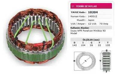 YAVUZ 10 204 Alternator Stator Mıtsubıshı Tıp 12v 70a Isuzu Wfr Panelvan Mınıbus 93 Model Nursan 140012 Hıtachı L GM 