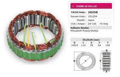 YAVUZ 10 258 Stator Mıtsubıshı Tıp 24v 50a Mıtsubıshı Prestıj Otobus Ym 27 Kısılık 98 Sonrası 4 Uclu Nursan 15122 GM 