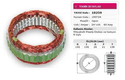 YAVUZ 10 259 Stator Mıtsubıshı Tıp 24v 60a Mıtsubıshı Prestıj Otobus Ve Kamyon 6 Uclu Nursan 150724 GM 