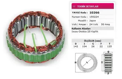 YAVUZ 10 266 Alternator Stator Mıtsubıshı Tıp 24v 50a Isuzu Otobus  Md27 25 Kısılık Nursan 150224 Hıtachı GM 