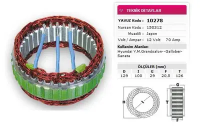 YAVUZ 10 278 Stator Mıtsubıshı Tıp 12v 70a Hyundaı Ymgrandsalon Gallober Sanata Nursan 150312 GM 3735038300