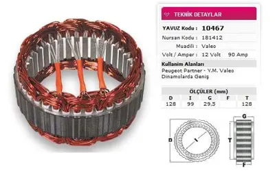 YAVUZ 10 467 Stator Valeo Tıp 12v 90a Peugeot Partner Clıo Kango Senbol Cıtroen Ym Valeo Dınm Nursan 181412 GM 