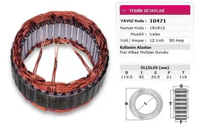 YAVUZ 10 471 Stator Valeo Tıp 12v 90a Fıat Albea Multıjet Gurubu Nursan 181812 GM 