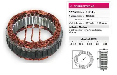 YAVUZ 10 516 Stator Delco Tıp 12v 100a Opel Vectra Tıcra Astra Corsa Klimalı Nursan 180512 