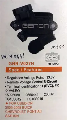 GENON GNR-V027H Alternator Konjektor Valeo Tıp 12v Buıck Chevrolet / Pontıac 2005-2008 (L(Rvc), Fr) 