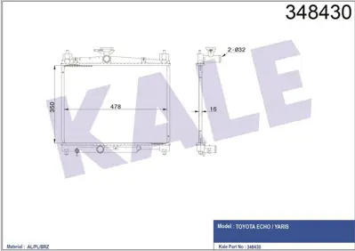 KALE 348430 Motor Su Radyatoru Toyota Yarıs 1.0 1999 2005 (Manuel Vıtes) [16mm] GM 1640023080, GM 1640023100, GM 164000J010, GM 164002310087, GM 16410YZZ01, GM 1640023090, GM 1640023110, GM 164002308087, GM 1640023140, GM 1640023150