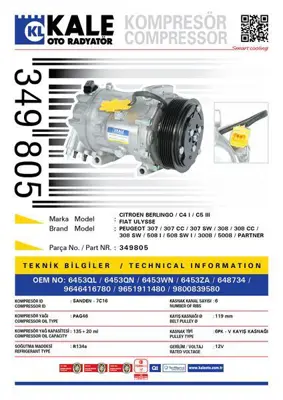 KALE 349805 Klima Kompresoru Cıtroen Berlıngo Iıı C4 I C5 Iıı Peugeot 307 308 3008 508 GM 