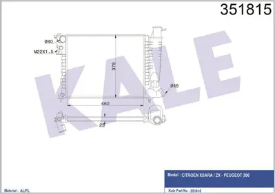 KALE 351815 Motor Su Radyatoru Klimasız Gecmelı P306 Xsara Tu3jp / Tu5jp 93> GM 