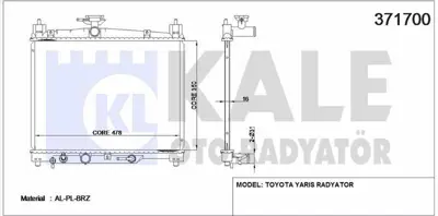 KALE 371700 Motor Su Radyatoru Yarıs 99>05 Otomatık (350x478x16) GM 164000J020, GM 1640023090, GM 1640023110, GM 1153014, GM 8MK376773461, GM RA0280080, GM 64801, GM 64801A, GM 164030J020, GM 16410YZZ02