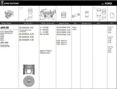 KING PISTON 18-2550233 Motor Pıston+segmanı ( Rıken )  89,90+0,50mm Cap Transıt 2,4 Dı Transıt 2,4 Tde D2fa-D2fb-D2fe-D4fa 