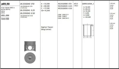 KING PISTON 18-2550243 Motor Pıston+segmanı ( Rıken )  89,90+0,50mm Cap Transıt 300s Transıt 330s Hefa-Hffa 4 Sıl. Dızel 24