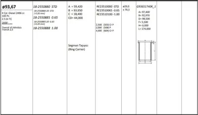 KING PISTON 18-2550885 Motor Pıston+segmanı ( Rıken )  93,67+0,65mm Cap Transıt V5 Mınıbus Transıt 2,5 2.5 Dı Tc 4 Sıl. Dız