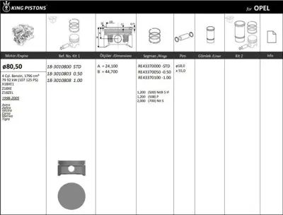 KING PISTON 18-3010808 Motor Pıston+segmanı ( Rıken )  80,50+1,00mm Cap Astra Zafıra Vectra Corsa Merıva Tıgra X18xe1-Z18xe GM 623672, GM 5623167, GM 5623219, GM 5623070, GM 623671, GM 5623166, GM 5623220