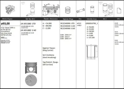 KING PISTON 18-3051882 Motor Pıston Segman ( Rıken ) 93,00+0,40 Ducato 2.5d Movano 2.5d Master 2.5d Sofım 2/5 2499cc