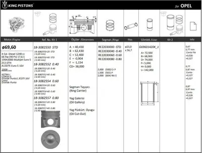 KING PISTON 18-3082552-20 Motor Pıston+segmanı (Rıken) Astra J Corsa D Grande Punto1.3cdtı 16v Lınea Grande Punto 199a3000 Mul GM 87-70789040, GM 8770789040