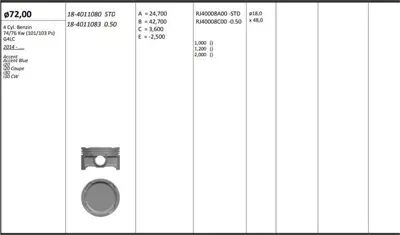 KING PISTON 18-4011083 Motor Pıston+segmanı ( Rıken )  72,50+0,50mm Cap Accent- Accent Blue, I20, I20 Coupe, I30 G4lc 4 Sıl