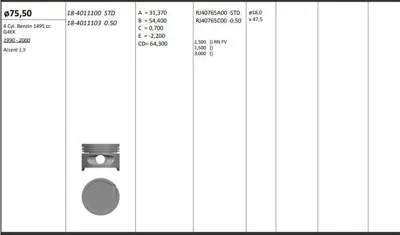 KING PISTON 18-4011103 Motor Pıston+segmanı ( Rıken )  76,00+0,50mm Cap Accent 1,5 G4ek 4 Sıl. Benzınlı 1495 Cc 90-00