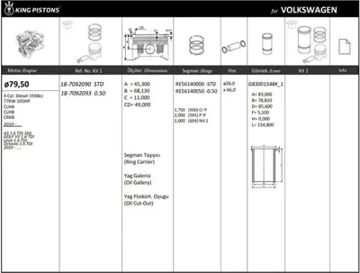 KING PISTON 18-7092093 Pıston + Segman 0.50 80.00mm Golf Vıı Passat Touran A1 A3 Leon Toledo Octavıa Rapıd Superb 1.6tdı Dc