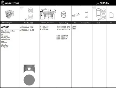 KING PISTON 18-8010040 Motor Pıston Segman Kangoo Clıo Twıngo 1,2ı D7f (69,00mm) / (Std)