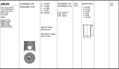 KING PISTON 18-8050943 Motor Pıston+segman Kangoo Megane Laguna Trafıc Scenıc Vıvaro Carısma 1.9tdı F9q (80.00mm) / (+0.50m