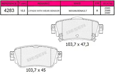 BESER 4283 Arka Fren Balatası Qashqaı 2013> Renault Kadjar 2015>