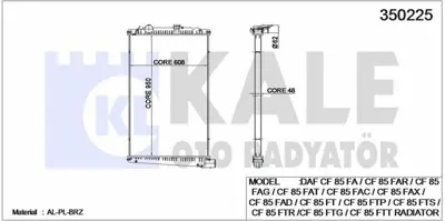 KALE 350225 Motor Su Radyatoru Daf Cf 85 Fa / Cf 85 Far / Cf 85 Fag / Cf 85 Fat / Cf 85 Fac / Cf 85 Fax / Cf 85  