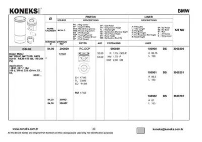 KONEKS 200920 Pıston + Segman (84,00mm Std) N47 D20 C E81 E82 E87 E88 F20 F22 F87 F21 E90 E92 E93 F30 F80 F31 F34  