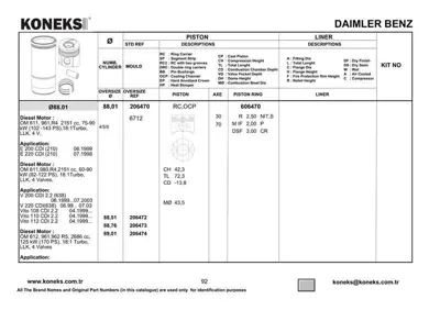 KONEKS 206470 Pıston + Segman Std. (Om611.9, Om612.9, Om613.9, 88,01mm, 30 Pım) W203 00>07 C209 02>09 W210 99>02 W 6110300117 6110300217 6110300617 A6110300117 A6110300217 A6110300617 6110301217 A6110301417 6110301317 A6110301217