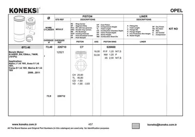 KONEKS 226710 Pıston+segman 73,4mm Std  Corsa-Astra J 1,4 16v 101ps A14xer 623150 625067 625068 55571102 55562583 55588065 55588066