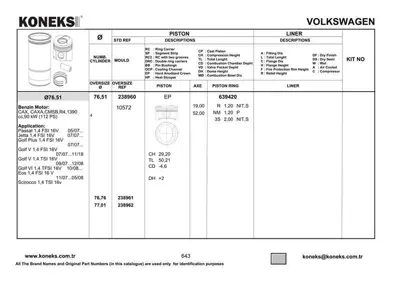 KONEKS 639420 Motor Segmanı Takım (4 Pıstonluk) / (76,50mm Std) Golf V Octavıa Eos A3 Jetta Iıı Passat Touran 1,6  