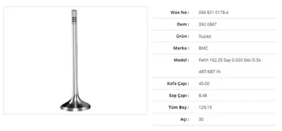 WAX 066 E01 0178.4 Subap Emme Bmc Fatıh 162,25 Sap 0.020std./0.5k 4bt/6bt 45kx8,48sx129,15bx30a (6adet) 	daf Cf 65 Fa 6 