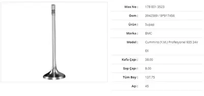 WAX 178 E01 3523 Subap Egzoz Bmc Profesyonel 935 24v (Y.M.) 38kx8sx137,75bx45a (12adet) 