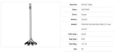 WAX 879 E01 3582 Subap Egzoz Volvo Fm9/260-300-340-380(D9a ) 3 Tırnak 24v 38kx8sx191,7bx30a (12adet) 